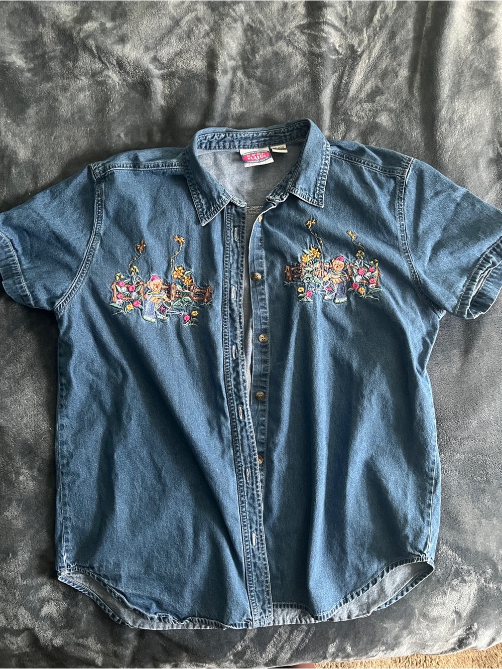 Women's Embroidered Denim Button-Down Shirt - Blue